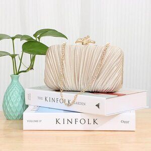Elegant Pleated Champagne Satin Clutch Evening Purse Detachable Chain Crossbody
